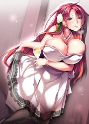Rule 34 | 1girl, bare shoulders, blush, boudica (fate), boudica (formal dress) (fate), bracelet, breast hold, breasts, bursting breasts, cleavage, clothes lift, commentary request, cup, dress, drinking glass, earrings, fate/grand order, fate (series), flower, green eyes, hair flower, hair ornament, huge breasts, jewelry, lace, lace-trimmed dress, lace trim, leaning to the side, long hair, looking at viewer, necklace, oohira sansetto, oohira sunset, pantyhose, parted lips, pearl necklace, red hair, skindentation, skirt, skirt lift, smile, solo, white dress