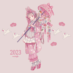 Rule 34 | 1girl, 2023, animal ears, animal print, artist name, blush, bonnet, bow, carrot, charm (object), chinese zodiac, dog, floral print, flower, frilled sleeves, frills, full body, grey background, hair bow, hair ornament, hair rings, happy new year, highres, holding, holding umbrella, japanese clothes, kimono, lolita fashion, long hair, long sleeves, looking at viewer, makeup, mokaffe, new year, obi, oil-paper umbrella, open mouth, original, parasol, parted lips, pink bow, pink eyes, pink flower, pink footwear, pink kimono, pink nails, pink ribbon, pink theme, pink umbrella, pom pom (clothes), print kimono, rabbit, rabbit ears, rabbit print, ribbon, sandals, sash, signature, simple background, smile, socks, solo, standing, tassel, twintails, umbrella, very long hair, white flower, white socks, wide sleeves, year of the rabbit
