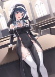 Rule 34 | 1girl, amano nene (vtuber), blue hair, blush, breasts, cleavage, detached sleeves, green eyes, habit, highres, jewelry, large breasts, long hair, looking at viewer, low twintails, mr.egg, necklace, nun, open mouth, production kawaii, solo, thighhighs, twintails, virtual youtuber