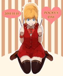 Rule 34 | 10s, 1girl, 2011, blonde hair, blue eyes, bow, bracelet, food, grin, jewelry, loafers, mouth hold, original, pocky, ponytail, reco (fortunequest), school uniform, shoes, sidelocks, skirt, smile, solo, thighhighs, vest, zettai ryouiki