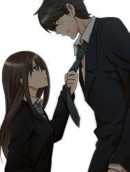 Rule 34 | 1boy, 1girl, ararararagi, black cardigan, black hair, black suit, blue neckwear, breasts, brown hair, business suit, cardigan, commentary request, formal, frown, green eyes, green neckwear, height difference, idolmaster, idolmaster cinderella girls, jitome, long hair, looking at another, looking down, looking up, medium breasts, narrowed eyes, necktie, necktie grab, neckwear grab, producer (idolmaster), producer (idolmaster cinderella girls anime), pulling, school uniform, serious, shibuya rin, shirt, sideburns, sidelocks, simple background, striped neckwear, suit, sweatdrop, white background, white shirt
