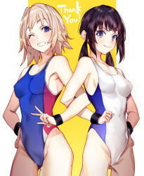 Rule 34 | black hair, black wristband, blonde hair, blue one-piece swimsuit, breasts, commission, competition swimsuit, grin, highres, locked arms, long hair, looking at viewer, low twintails, medium breasts, multicolored clothes, multicolored swimsuit, one-piece swimsuit, one eye closed, original, short hair, sidelocks, skeb commission, smile, swimsuit, tsukudani (ore624), twintails, two-tone background, white swimsuit, wristband, yellow background