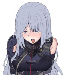 Rule 34 | 1girl, ak-15 (girls&#039; frontline), bad id, bad twitter id, erkisa, fangs, female focus, girls&#039; frontline, leash, open mouth, purple eyes, simple background, solo, teeth, tongue, tongue out, upper body, upper teeth only, white background