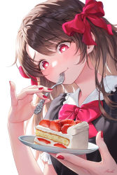 Rule 34 | 1girl, absurdres, black shirt, blouse, blush, bow, bowtie, brown hair, cake, cake slice, commentary request, eating, food, fork, hair bow, heart, heart-shaped pupils, heartki, highres, holding, holding fork, holding plate, long hair, nail polish, original, plate, red bow, red bowtie, red eyes, red nails, shirt, signature, simple background, solo, strawberry shortcake, symbol-shaped pupils, upper body, utensil in mouth, white background