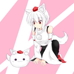 Rule 34 | 1girl, all fours, animal ears, bare shoulders, breasts, detached sleeves, hat, inubashiri momiji, light smile, looking at another, mofuji, pom pom (clothes), red eyes, riku (yzr500r2001), short hair, silver hair, solo, tail, tokin hat, touhou, wolf ears, wolf tail