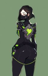 Rule 34 | 1girl, animification, ass, black bodysuit, black hair, bodysuit, breasts, from behind, green background, green eyes, hair behind ear, hand on own hip, highres, hyoon (sockgyu), looking at viewer, looking back, mask, medium breasts, mouth mask, parted hair, short hair, solo, thighhighs, valorant, viper (valorant)