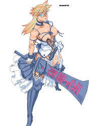 Rule 34 | 1girl, ac120, blonde hair, blue eyes, breasts, choker, cloud strife, corset, earrings, final fantasy, final fantasy vii, genderswap, genderswap (mtf), high heels, highres, jewelry, lipstick, makeup, skirt, sword, thighhighs, thighs, tied nipples, weapon