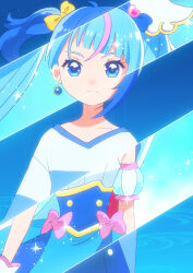 1girl blue_dress blue_eyes blue_hair blue_shirt blue_skirt bow closed_mouth commentary_request cure_sky cut_bangs detached_sleeves dress dress_bow earrings frown gloves gradient_hair hair_bow highres hirogaru_sky!_precure jewelry kyanos_(b_0000ff) long_hair looking_at_viewer magical_girl multicolored_hair pink_bow pink_hair precure puffy_detached_sleeves puffy_sleeves rain shirt side_ponytail single_sidelock skirt sleeveless sleeveless_dress solo sora_harewataru sparkle split_theme standing streaked_hair t-shirt twintails two-tone_dress two-tone_hair very_long_hair wet white_dress white_gloves wing_hair_ornament yellow_bow