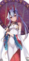 Rule 34 | 1girl, bare shoulders, china dress, chinese clothes, cowboy shot, detached sleeves, dress, fate/grand order, fate (series), frilled sleeves, frills, hair between eyes, harimoji, head tilt, highres, hip vent, holding, holding umbrella, horns, looking at viewer, oil-paper umbrella, oni, oni horns, parasol, ponytail, red eyes, silver hair, simple background, smile, solo, tomoe gozen (fate), tomoe gozen (traveling outfit) (fate), umbrella, white background
