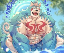 Rule 34 | 1boy, abs, animal ears, bara, blue shorts, closed eyes, commentary request, dog boy, dog ears, fangs, furry, furry male, fute (mti777), halo, halo behind head, highres, looking at viewer, male focus, muscular, muscular male, oguchi magami, open mouth, pectorals, shorts, tokyo houkago summoners, tongue, tongue out, topless male, water