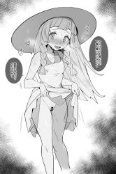 Rule 34 | 1girl, bar censor, bare shoulders, blush, braid, breasts, censored, cleft of venus, clothes lift, covered erect nipples, creatures (company), dress, dress lift, game freak, greyscale, hat, heavy breathing, highres, hot, lifted by self, lillie (pokemon), long hair, looking at viewer, milky tea, monochrome, nintendo, no panties, open mouth, pokemon, pokemon sm, pussy, pussy juice, side braids, small breasts, solo, sun hat, sundress, sweat, translation request