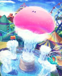 Rule 34 | amusement park, animal ears, bandana waddle dee, blush stickers, cloud, colored skin, day, elfilin, fence, ferris wheel, fountain, highres, kirby, kirby (series), kirby and the forgotten land, mouse ears, mouthful mode, nintendo, no humans, pink skin, rainbow, sky, solid oval eyes, star (symbol), suyasuyabi, twitter username, water-balloon mouth, wet