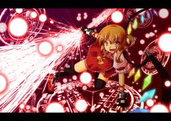 Rule 34 | &gt;:d, 1girl, :d, ascot, black gloves, black thighhighs, blonde hair, brooch, crystal, fangs, fingerless gloves, flandre scarlet, freeze-ex, frilled shirt collar, frilled skirt, frills, gloves, jewelry, laevatein, letterboxed, looking at viewer, magic circle, no headwear, no headwear, open mouth, over-kneehighs, puffy short sleeves, puffy sleeves, red eyes, red footwear, red skirt, shoes, short sleeves, side ponytail, skirt, skirt set, smile, solo, thighhighs, touhou, v-shaped eyebrows, wings