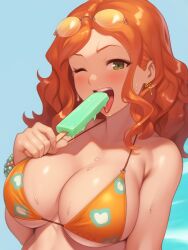 Rule 34 | 1girl, bikini, bikini top only, blush, breasts, cleavage, food, green eyes, highres, large breasts, looking at viewer, one eye closed, open mouth, orange hair, original, popsicle, short hair, smile, solo, sweat, swimsuit, tongue, tongue out, wink