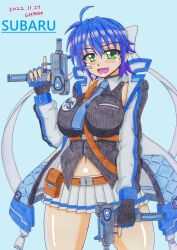 Rule 34 | 1girl, absurdres, ahoge, blue background, blue hair, blush, breasts, dated, gh9000, green eyes, gun, highres, large breasts, looking at viewer, lyrical nanoha, magical girl, mahou shoujo lyrical nanoha strikers, miniskirt, navel, open mouth, short hair, simple background, skirt, smile, solo, subaru nakajima, weapon