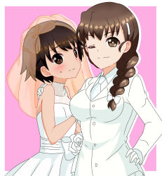 Rule 34 | 2girls, bad id, bad pixiv id, bare shoulders, blush, braid, breasts, bridal veil, brown eyes, brown hair, closed mouth, dress, embarrassed, female focus, formal, girls und panzer, gloves, hair ornament, hairclip, hand on another&#039;s shoulder, hand on own hip, highres, isobe noriko, long hair, looking at viewer, matching hair/eyes, medium breasts, multiple girls, one eye closed, pink background, rukuriri (girls und panzer), shiny skin, short hair, simple background, small breasts, smile, suit, sweat, tanutika, veil, wedding, wedding dress, white dress, white gloves, white suit, wife and wife, wink, yuri
