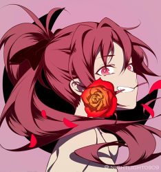 Rule 34 | 1girl, black bow, bow, clenched hand, flower, hair bow, high ponytail, limited palette, long hair, mahou shoujo madoka magica, mahou shoujo madoka magica (anime), mouth hold, nightlight0909, nude, pink background, red eyes, red flower, red hair, sakura kyoko, simple background, solo, twitter username, upper body, very long hair