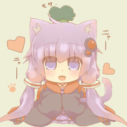 Rule 34 | 1girl, animal ears, blue eyes, broccoli, cat ears, cat tail, chibi, coat, dress, food, hair ornament, hazuki ruu, heart, kemonomimi mode, long hair, long sleeves, looking at viewer, open clothes, open coat, open mouth, paw print, purple dress, purple hair, sitting, smile, solo, tail, twintails, vegetable, very long hair, vocaloid, voiceroid, yuzuki yukari