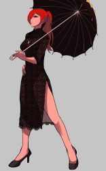 Rule 34 | 1girl, 2019, absurdres, alternate costume, alternate hairstyle, black dress, black footwear, black nails, cross, cross necklace, dress, earrings, eyeshadow, full body, grey background, hair over one eye, hand on own hip, high heels, highres, holding, holding umbrella, jewelry, krieg (skullgirls), looking at viewer, looking to the side, makeup, nail polish, necklace, over shoulder, parasoul (skullgirls), ponytail, red hair, short sleeves, side slit, simple background, skullgirls, solo, standing, umbrella, ungly, yellow eyes