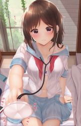 Rule 34 | 1girl, arm support, bare shoulders, blue sailor collar, blue skirt, blush, bow, bow bra, bra, breasts, brick wall, brown hair, closed mouth, collarbone, day, hand up, highres, holding, indoors, long hair, looking at viewer, medium breasts, minato ojitan, navel, neckerchief, off shoulder, open clothes, open shirt, original, panties, parted bangs, pleated skirt, red eyes, red neckerchief, sailor collar, school uniform, serafuku, shirt, short sleeves, sitting, skirt, stethoscope, translation request, underwear, white bra, white panties, white shirt, window