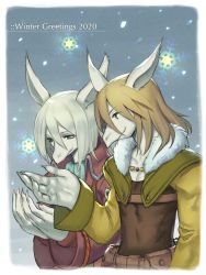 Rule 34 | 1boy, 1girl, animal ears, aqua eyes, ascot, blonde hair, blue ascot, brown shirt, burmecian, claws, colored skin, final fantasy, final fantasy ix, fratley, freija crescent, fur collar, grey hair, grey skin, hair between eyes, high collar, highres, jacket, jewelry, long sleeves, medium hair, mouse boy, mouse girl, necklace, own hands together, red jacket, shirt, shoulder pads, smile, snowing, uboar, upper body, winter, yellow eyes, yellow sleeves