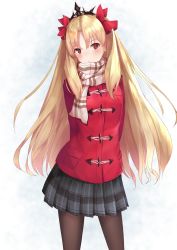 Rule 34 | 1girl, arms behind back, black pantyhose, black skirt, blonde hair, blush, bow, breasts, closed mouth, coat, cowboy shot, duffel coat, ereshkigal (fate), fate/grand order, fate (series), hair bow, head tilt, highres, jacket, legs apart, long hair, long sleeves, looking at viewer, miniskirt, pantyhose, parted bangs, plaid, plaid scarf, plaid skirt, pleated skirt, red bow, red eyes, red jacket, reuri (tjux4555), scarf, skirt, small breasts, solo, standing, tiara, two side up, very long hair, white background, white scarf