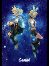 Rule 34 | 1boy, 1girl, blonde hair, blue eyes, bow, brother and sister, detached sleeves, closed eyes, hair bow, headset, iwaya, kagamine len, kagamine rin, midriff, necktie, open mouth, shorts, siblings, star (symbol), twins, vocaloid