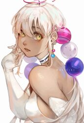 Rule 34 | 1girl, artist name, blonde hair, breasts, choker, colored eyelashes, dark-skinned female, dark skin, earrings, elbow gloves, gloves, hair between eyes, hair ornament, twirling hair, highres, hololive, hololive english, jewelry, limiter (tsukumo sana), lips, long hair, looking to the side, medium breasts, parted lips, planet hair ornament, sideboob, solo, star (symbol), tsukumo sana, tsukumo sana (1st costume), twintails, twitter username, upper body, user ykej8425, very long hair, virtual youtuber, white background, white choker, white gloves, yellow eyes