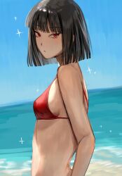 Rule 34 | 1girl, bikini, black hair, blue sky, bob cut, breasts, closed mouth, from side, highres, limbus company, looking at viewer, na-gyou (nunumaru), ocean, project moon, red bikini, red eyes, ryoshu (project moon), short hair, sky, small breasts, solo, sparkle, swimsuit, upper body