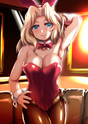 Rule 34 | 1girl, absurdres, animal ears, blonde hair, blue eyes, bow, bowtie, brown pantyhose, commentary request, couch, cowboy shot, detached collar, fake animal ears, girls und panzer, hair intakes, hand on own hip, highres, kay (girls und panzer), leotard, long hair, looking at viewer, pantyhose, playboy bunny, rabbit ears, red bow, red bowtie, red leotard, solo, standing, strapless, strapless leotard, wrist cuffs, yellow quokka