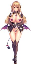 Rule 34 | 1girl, areola slip, blonde hair, blush, boku ga incubus ni naru tame ni kyou kara succubus to lesson shimasu, bow, breastless clothes, breasts, charlotte (boku ga incubus ni naru tame ni kyou kara succubus to lesson shimasu), cleavage, curled horns, demon girl, demon horns, demon tail, demon wings, detached sleeves, gluteal fold, heart pasties, highres, horns, kneehighs, large breasts, long hair, looking at viewer, low wings, mole, mole on breast, necktie, non-web source, official art, own hands together, pasties, photoshop (medium), shiokonbu, short necktie, smile, socks, solo, standing, tachi-e, tail, tail bow, tail ornament, thigh gap, thong, transparent background, watch, wings, yellow eyes