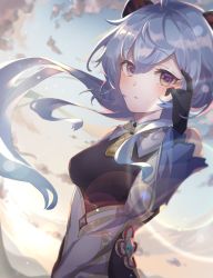 Rule 34 | 1girl, bare shoulders, bell, black gloves, blue hair, blush, breasts, chinese knot, cloud, detached sleeves, dusk, flower knot, ganyu (genshin impact), genshin impact, gloves, highres, horns, kaede owo, long hair, looking at viewer, low ponytail, medium breasts, neck bell, orange sky, parted lips, purple eyes, sidelocks, sky, solo, upper body, vision (genshin impact), white sleeves