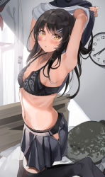 Rule 34 | 1girl, :o, armpits, arms up, bed, bed frame, bedroom, black bra, black hair, black panties, black skirt, black thighhighs, blush, bra, breasts, cleavage, clock, crescent, crescent necklace, curtains, floral print, highres, indoors, jewelry, kneeling, lamp, long hair, looking at viewer, moon necklace, navel, neckerchief, necklace, on bed, open mouth, original, panties, pleated skirt, red neckerchief, sailor collar, school uniform, seal (animal), shirt, skirt, small breasts, solo, stuffed animal, stuffed toy, sweatdrop, thighhighs, tipii, underwear, undressing, unzipped, white shirt, yellow eyes, zipper pull tab