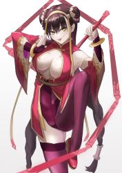 Rule 34 | 1girl, :p, asymmetrical clothes, braid, breasts, center opening, chinese clothes, cleavage, commentary, detached sleeves, double bun, dress, fate/grand order, fate (series), gold trim, hair between eyes, hair bun, hair ornament, highleg, highres, holding, holding weapon, kugiseiichi, kung fu, large breasts, leg up, long hair, looking at viewer, multiple braids, no bra, official alternate costume, purple thighhighs, red dress, red footwear, simple background, single pantsleg, single thighhigh, solo, standing, standing on one leg, thighhighs, thighs, tongue, tongue out, very long hair, weapon, white background, xuangzang sanzang (dancing on lotus blossom) (fate), xuangzang sanzang (fate), yellow eyes