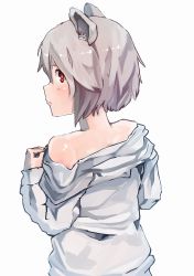 Rule 34 | 1girl, alternate costume, animal ears, bare shoulders, blush, dress shirt, from behind, grey hair, highres, lips, lipstick, long sleeves, looking at viewer, looking back, makeup, mouse ears, nattsuhan, nazrin, open clothes, open shirt, red eyes, shirt, short hair, simple background, solo, touhou, undressing, white background, white shirt