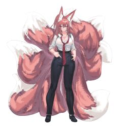 Rule 34 | 1girl, absurdres, animal ear fluff, animal ears, belt, black footwear, breasts, cleavage, collarbone, collared shirt, fluffy, fox ears, fox girl, fox tail, hands on own hips, highres, kitsune, large breasts, long hair, looking at viewer, loose clothes, loose necktie, loose shirt, multiple tails, necktie, nine tails, office lady, original, pants, pink eyes, pink hair, shirt, socks, soles, tail, thighs, white shirt, xeirn