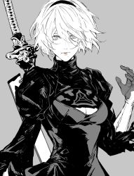 Rule 34 | 1girl, absurdres, black dress, breasts, cleavage cutout, clothing cutout, dress, gloves, greyscale, hair between eyes, hairband, highres, katana, large breasts, long bangs, looking at viewer, mole, mole under mouth, monochrome, nier:automata, nier (series), nishiii26miii, short hair, solo, sword, upper body, weapon, weapon on back, 2b (nier:automata)