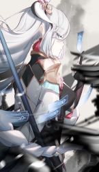 Rule 34 | 1girl, breasts, chinese clothes, earrings, eyes visible through hair, female focus, genshin impact, grey eyes, hair ornament, highres, jewelry, long hair, looking at viewer, looking back, medium breasts, polearm, qxs, shenhe (genshin impact), sideboob, solo, spear, talisman, weapon, white hair