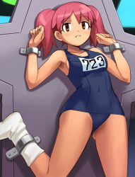 Rule 34 | 1girl, armpits, bdsm, blue one-piece swimsuit, bondage, bound, bound ankles, bound wrists, breasts, clenched hands, covered navel, frown, haruyama kazunori, hinata natsumi, keroro gunsou, kneehighs, leg lift, looking at viewer, name tag, no shoes, one-piece swimsuit, orange eyes, pink hair, red hair, school swimsuit, shadow, short hair, short twintails, sideboob, socks, solo, swimsuit, tan, twintails, white socks, wide hips