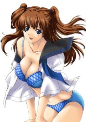 Rule 34 | 1girl, blue bra, blue eyes, blue panties, bra, breasts, brown hair, cleavage, large breasts, leaning forward, lingerie, long hair, nishiki yoshimune, no pants, non-web source, open clothes, open mouth, open shirt, panties, school uniform, serafuku, shirt, simple background, smile, solo, techgian, two side up, underwear