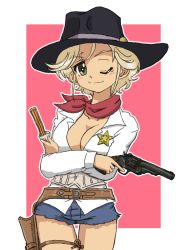 Rule 34 | 1girl, bandana, belt, black hat, blonde hair, blouse, blue shorts, breasts, brown belt, churro, cleavage, closed mouth, collared shirt, commentary request, corset, cowboy hat, cowboy shot, crossed arms, cutoffs, food, girls und panzer, green eyes, gun, handgun, hat, holding, holding food, holding gun, holding weapon, holster, jane (girls und panzer), long sleeves, looking at viewer, medium breasts, micro shorts, one eye closed, outline, outside border, partial commentary, pink background, red bandana, revolver, shirt, short hair, shorts, smile, solo, standing, star (symbol), takahashi kurage, tan, thigh gap, weapon, white outline, white shirt