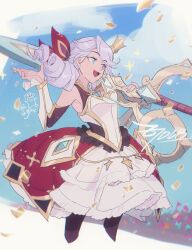 Rule 34 | 1girl, :d, black pantyhose, character request, cropped legs, crown, dress, grey hair, gwen (league of legends), hair ribbon, hand up, highres, holding, holding scissors, league of legends, open mouth, pantyhose, petals, red dress, red ribbon, ribbon, scissors, smile, solo, twintails, white dress, ztdlb