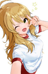 Rule 34 | 1girl, :d, absurdres, ahoge, blonde hair, blush, buruma, commentary request, from above, green eyes, gym uniform, hair between eyes, hand up, highres, hoshii miki, idolmaster, idolmaster (classic), long hair, looking at viewer, one eye closed, open mouth, red buruma, shirt, short sleeves, sidelocks, simple background, smile, solo, star (symbol), v, v-shaped eyebrows, v over eye, wavy hair, white background, white shirt, zenoo