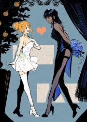 Rule 34 | 2girls, ^ ^, arms behind back, black dress, blunt bangs, bouquet, closed eyes, commentary, cross-laced clothes, cross-laced dress, curtains, dress, flower, food, fruit, full body, gloves, hair bun, heart, high heels, holding, holding bouquet, looking at another, mandarin orange, medium hair, mrjieshisu, multiple girls, nami (one piece), nico robin, one piece, open mouth, orange hair, profile, see-through, see-through thighhighs, side slit, sidelocks, smile, symbol-only commentary, thighhighs, tree, white dress, white gloves, white thighhighs