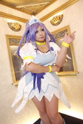 Rule 34 | 1girl, ankle boots, arm rest, asian, blue eyes, blue hair, boots, bow, bracelet, breasts, choker, chouzuki maryou, cosplay, cure diamond, cure diamond (cosplay), dokidoki! precure, dress, headpiece, highres, jewelry, large breasts, long hair, magical girl, matching hair/eyes, photo (medium), plump, pointing, ponytail, precure, puffy short sleeves, puffy sleeves, ribbon, short sleeves, solo, tiara