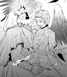 Rule 34 | 2boys, abs, absurdres, assisted exposure, bare pectorals, beard, boku no hero academia, cloak, couple, cross, cross necklace, endeavor (boku no hero academia), facial hair, feathered wings, fiery hair, fire, from side, greyscale, hawks (boku no hero academia), helen roro, hickey, highres, hood, hooded cloak, jewelry, large pectorals, male focus, mature male, monochrome, multiple boys, muscular, muscular male, necklace, nipples, pectorals, scar, scar across eye, scar on face, short hair, sideburns, smile, spiked hair, undressing another, wings, yaoi