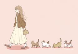 Rule 34 | 1girl, animal, ankle socks, bag, brown cat, brown footwear, brown hair, brown jacket, cat, commentary request, dress, from side, full body, handbag, highres, holding, jacket, long dress, long hair, long sleeves, messy hair, necono naco, no mouth, open clothes, open jacket, original, pink background, profile, puffy long sleeves, puffy sleeves, shoes, simple background, socks, solo, standing, walking, wavy hair, white cat, white socks, yellow dress