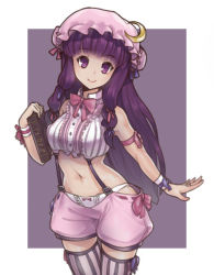 Rule 34 | 1girl, adapted costume, alternate costume, armlet, book, bracelet, braid, casual, colorized, crescent, crop top, dress, female focus, hat, holding, holding book, jewelry, lineart, long hair, navel, orz (orz57), panties, patchouli knowledge, purple eyes, purple hair, ring, short dress, shorts, smile, solo, suspenders, thighhighs, touhou, twin braids, underwear, white panties, zettai ryouiki