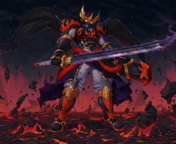 Rule 34 | 1boy, armor, aura, black cape, cape, digimon, digimon (creature), fire, floating cape, full armor, holding, holding sword, holding weapon, horns, looking at viewer, no humans, samurai, sasasi, scan, shoulder armor, simple background, solo, standing, sword, tactimon, weapon, yellow eyes