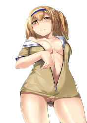 Rule 34 | 10s, 1girl, arm behind back, blush, breasts, brown eyes, coat, collarbone, from below, gluteal fold, hairband, i-26 (kancolle), jacket, kantai collection, large breasts, light brown hair, long hair, looking at viewer, looking down, mr.lostman, naked coat, navel, open clothes, short sleeves, simple background, solo, two-tone hairband, two side up, white background, zipper